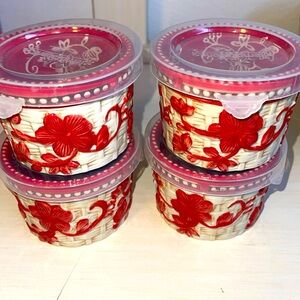 NWOT- TEMP-TATIONS ceramic Floral lace ramekins  w/lids. (4)